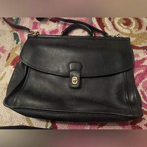 Vintage Coach Black Leather Crossbody Briefcase / Laptop Bag